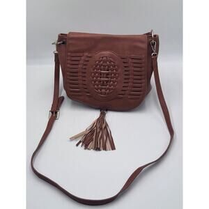 Dolce Vita Brown Faux Leather Woven Saddle Bag Tassel Crossbody Purse